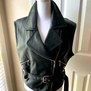 Siena Studio Black Leather Vest with Belt.  Silver tone zippers and buckle.